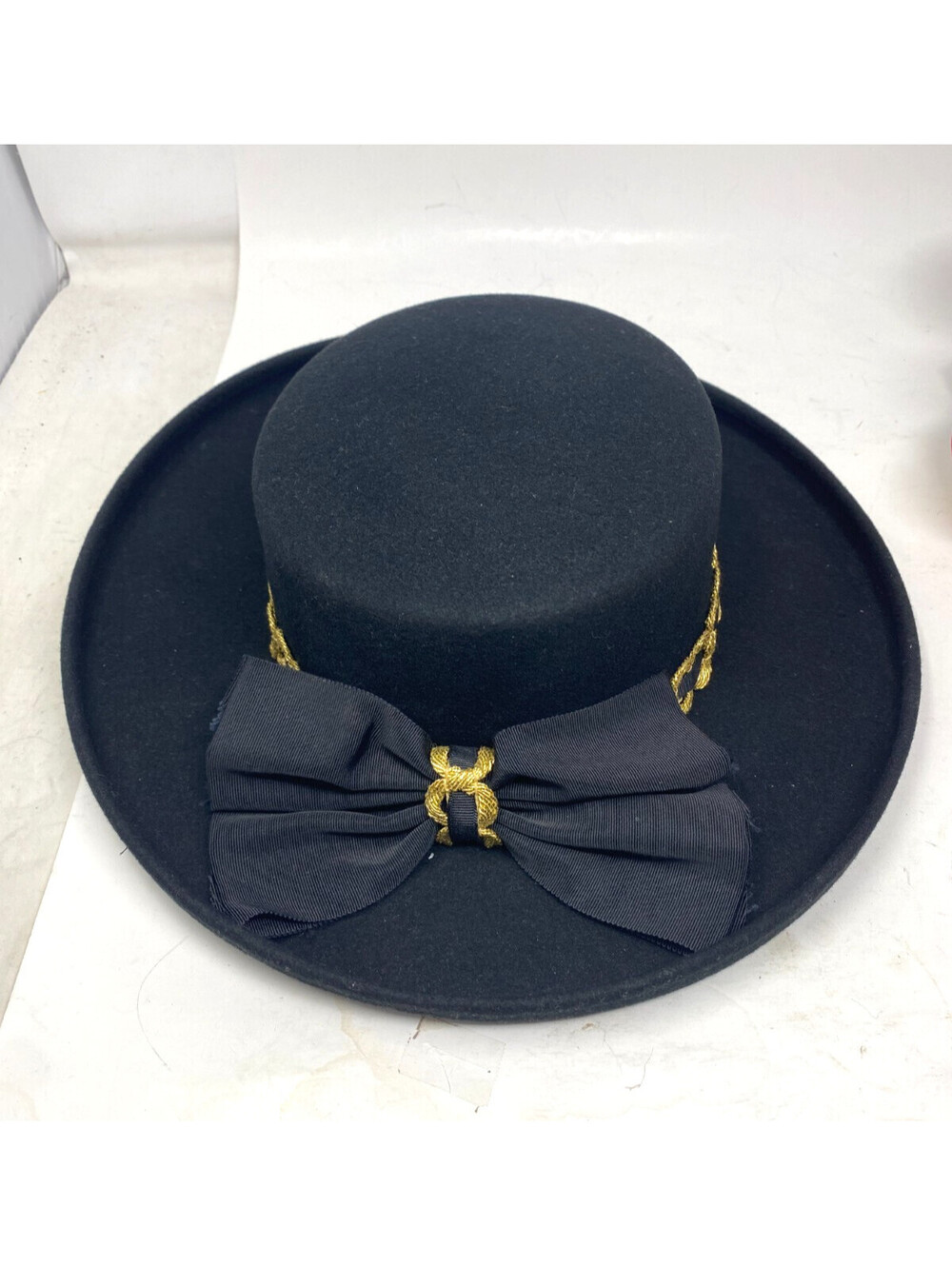 Toucan Collection Vintage Black Wool Felt Boater Hat Gold Braid Bow Made in USA